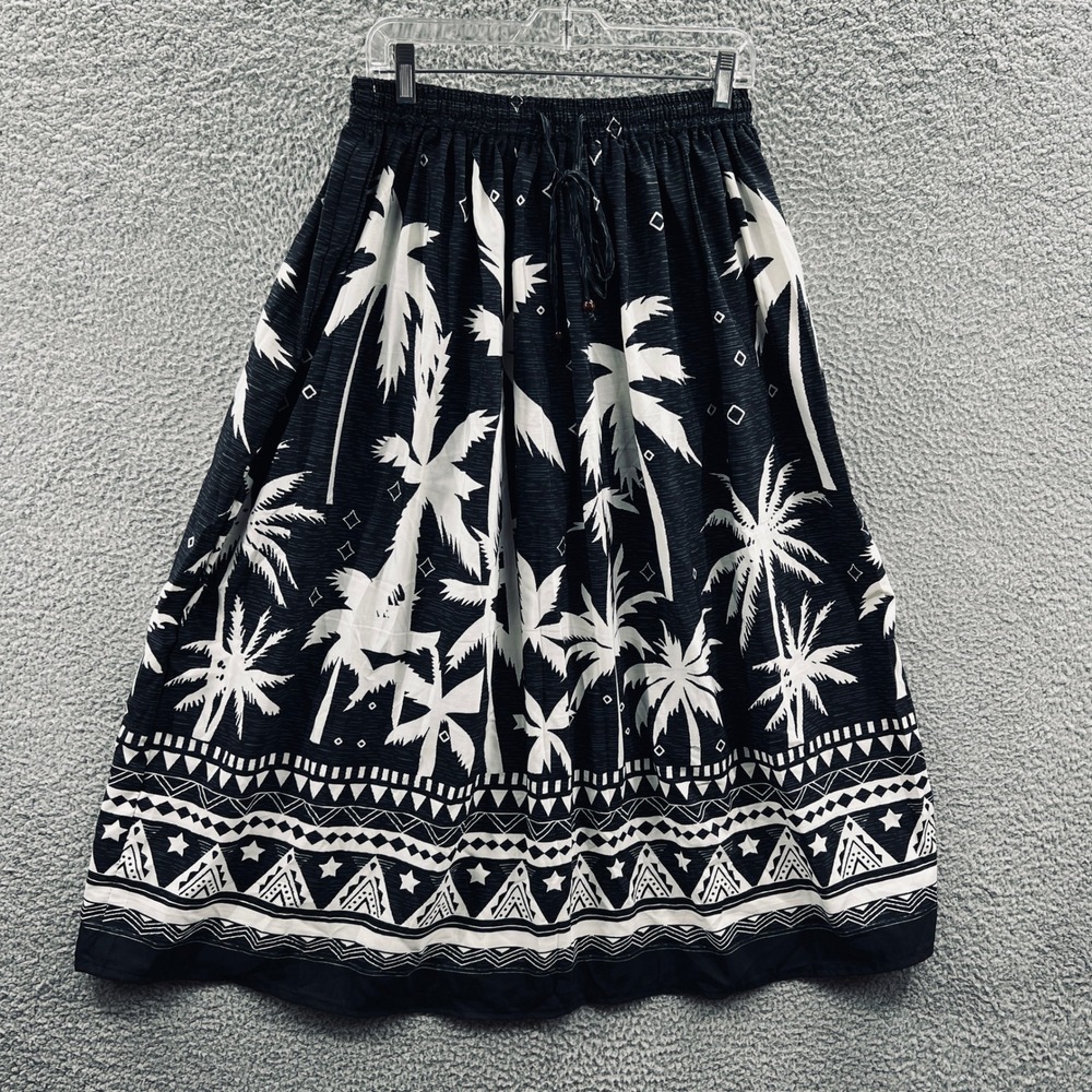 Gypsie Blu Womens Maxi Skirt M Black White Tropical Palm Boho Beach Resort NWT